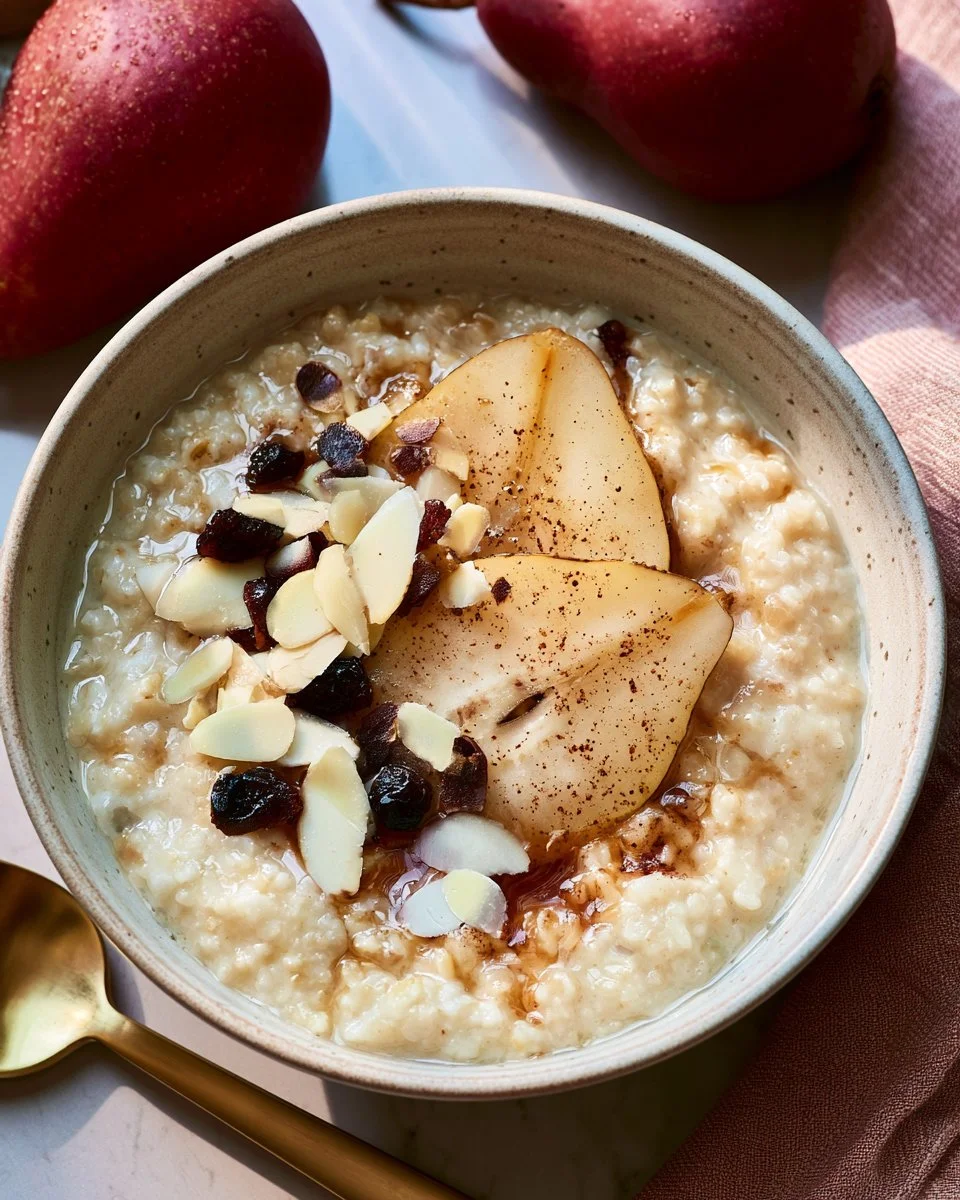 Bowl of easy pear oatmeal topped with fresh pear slices and nuts