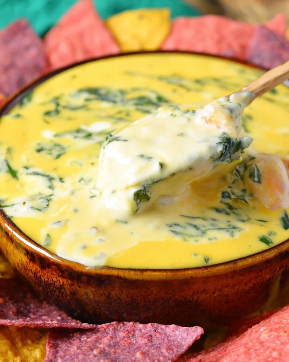 Delicious easy shrimp and spinach queso dip served with tortilla chips