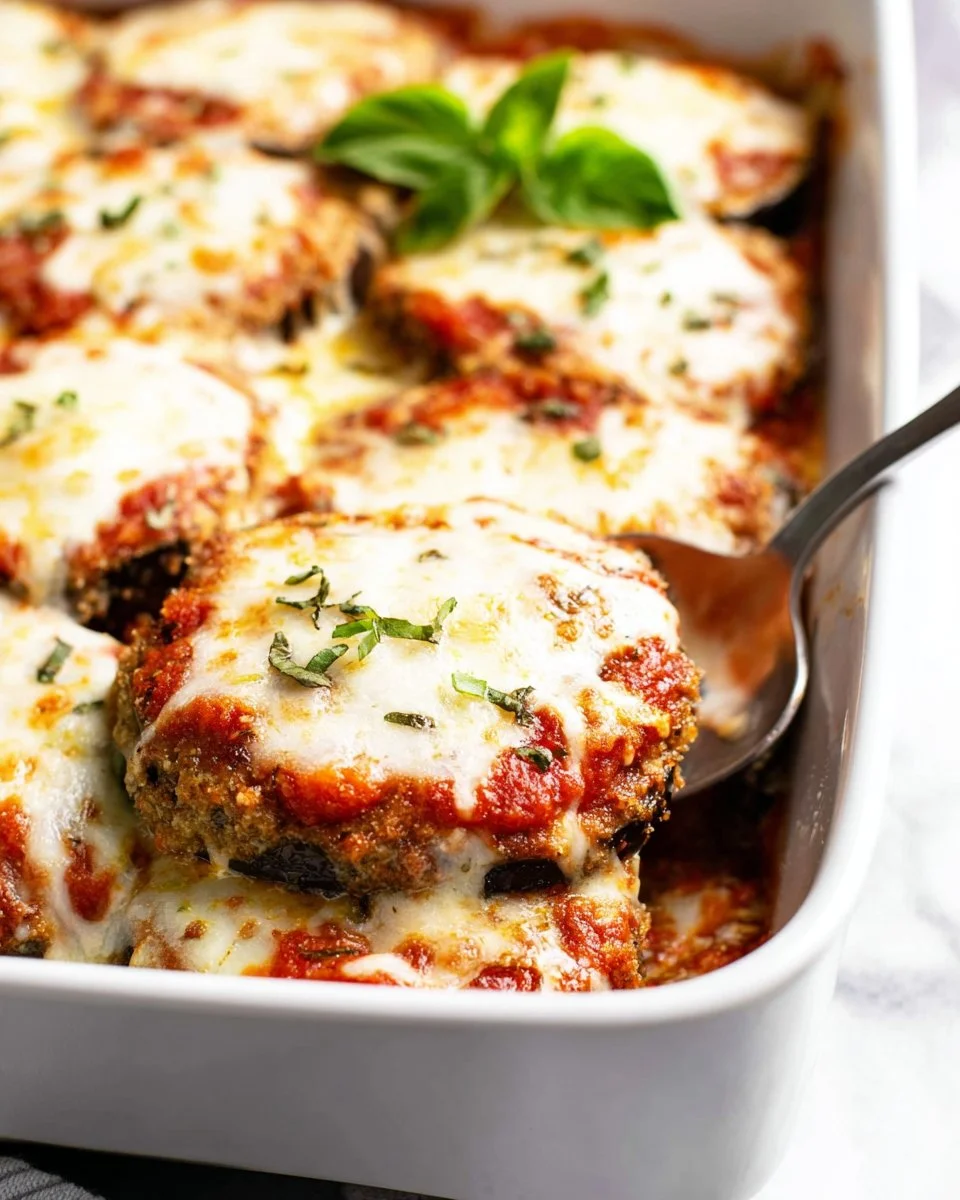 Delicious Eggplant Parmesan dish layered with cheese and marinara sauce.