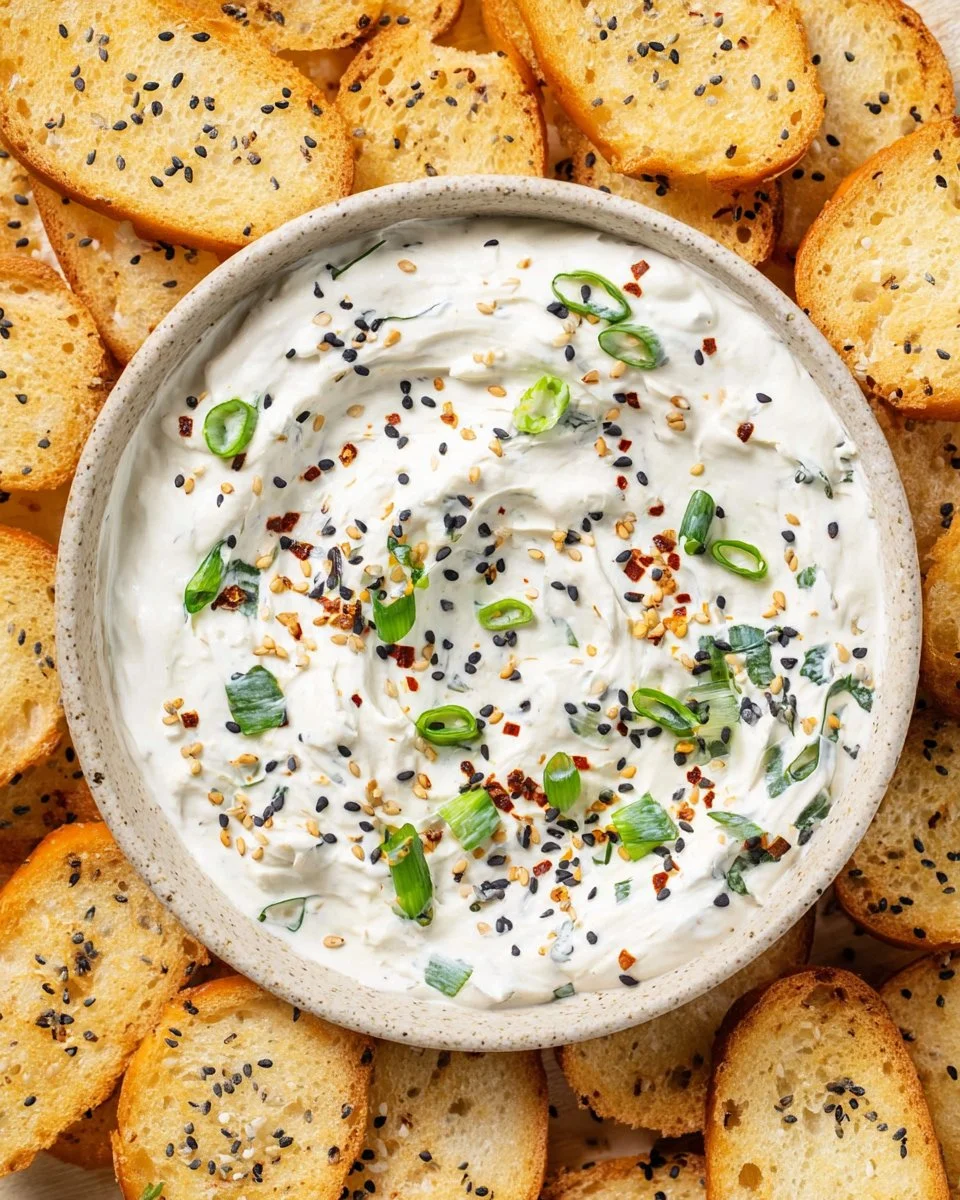 Delicious homemade Everything Bagel Dip served in a bowl with bagel chips