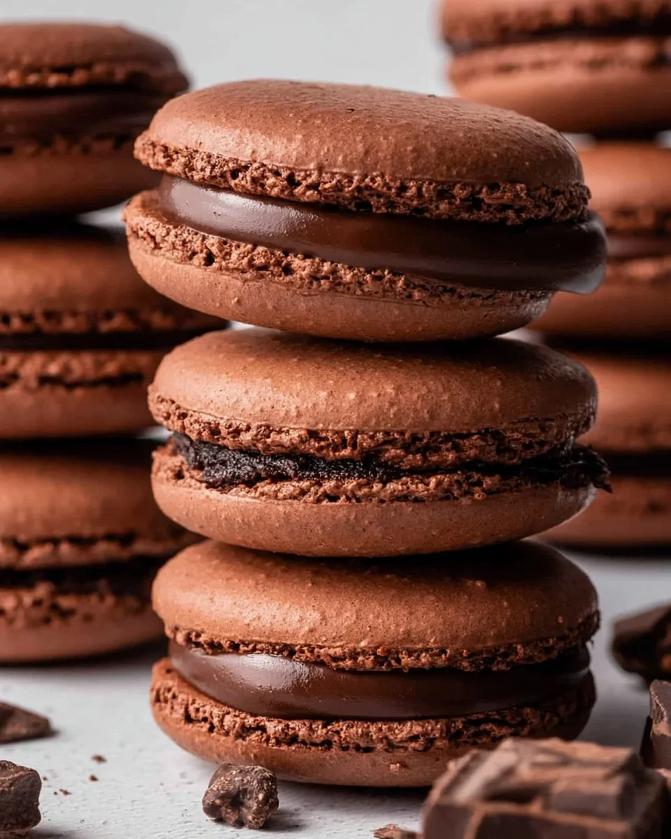 Foolproof chocolate macarons displayed on a plate with chocolate filling