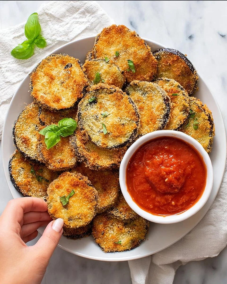 Plate of crispy fried eggplant slices garnished with herbs