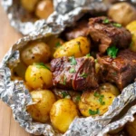 Garlic butter steak and potato foil packets ready for grilling