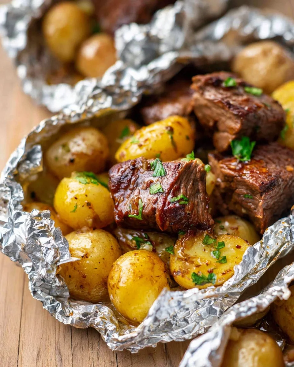 Garlic butter steak and potato foil packets ready for grilling