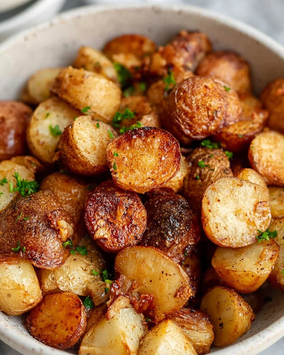 Bowl of crispy Garlic Roasted Potatoes garnished with herbs