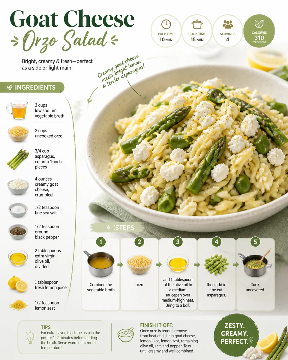 Delicious goat cheese orzo salad with fresh vegetables and herbs