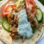 Plate of Greek Chicken Gyros with Tzatziki sauce and fresh vegetables