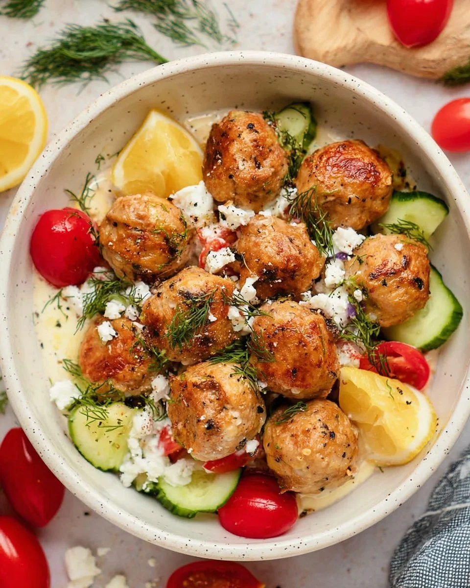 Delicious Greek Chicken Meatballs garnished with herbs and spices.