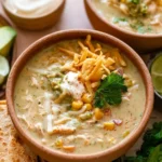 Bowl of green chicken enchilada soup topped with cilantro and lime.