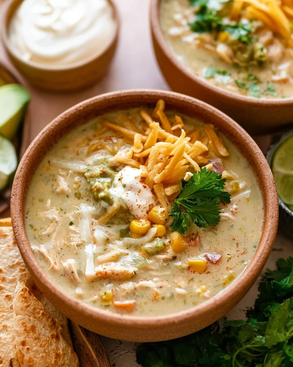 Bowl of green chicken enchilada soup topped with cilantro and lime.