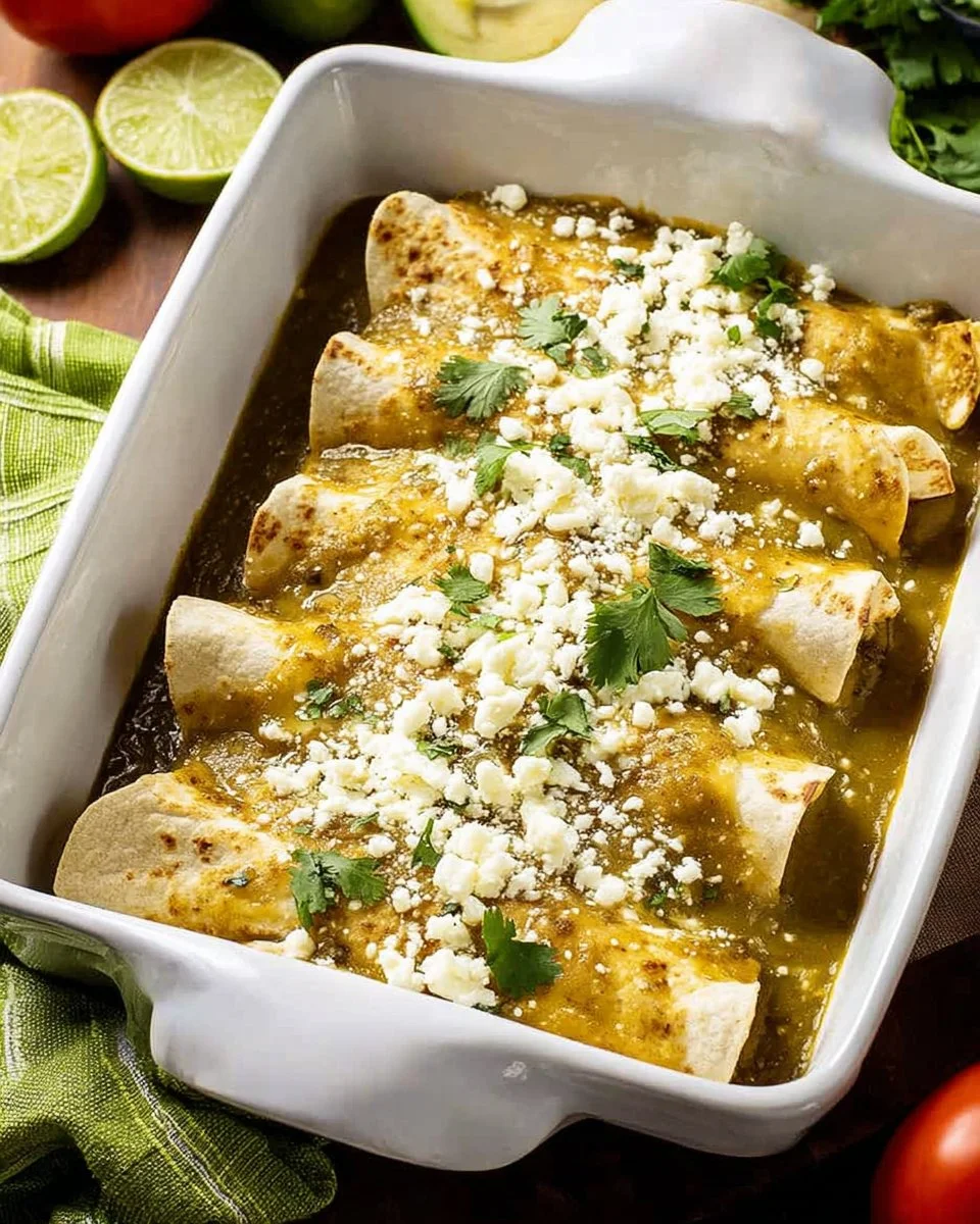 Homemade green enchilada sauce served in a bowl with fresh herbs.