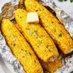 Foil-wrapped grilled corn on the cob with seasonings ready for BBQ
