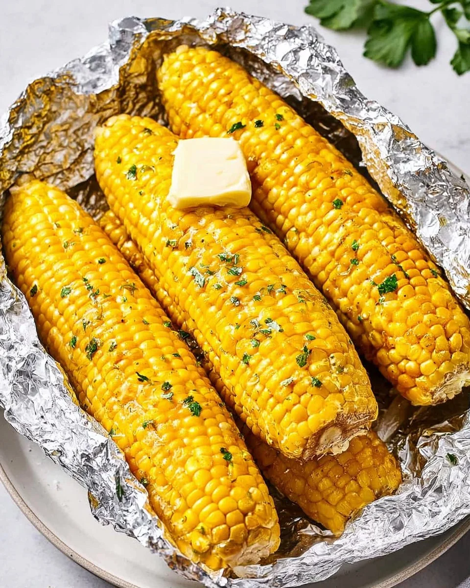 Foil-wrapped grilled corn on the cob with seasonings ready for BBQ