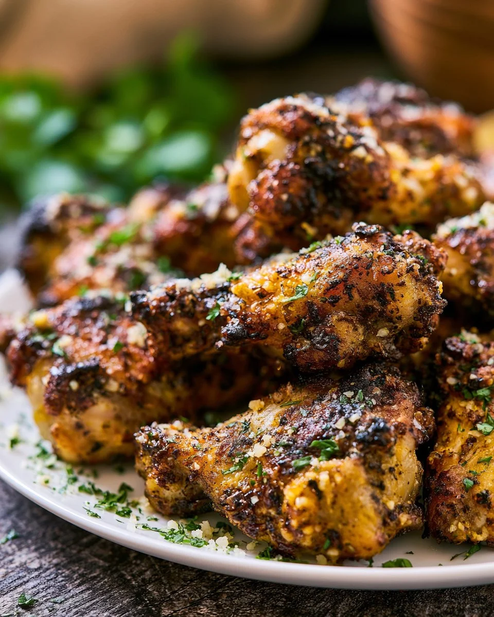 Grilled garlic parmesan chicken wings garnished with herbs on a plate.