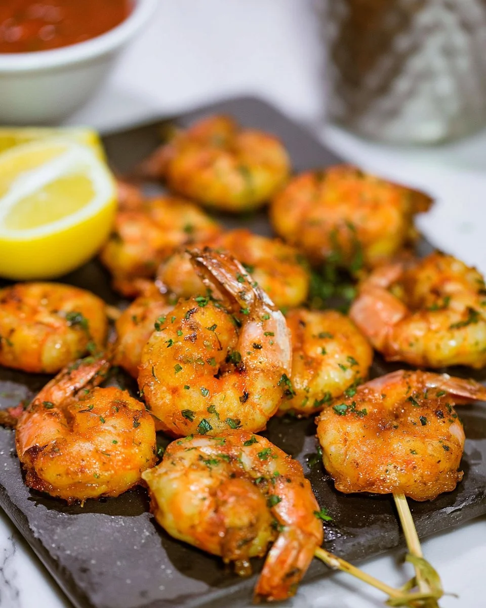 Delicious grilled shrimp served with dipping sauce and fresh herbs