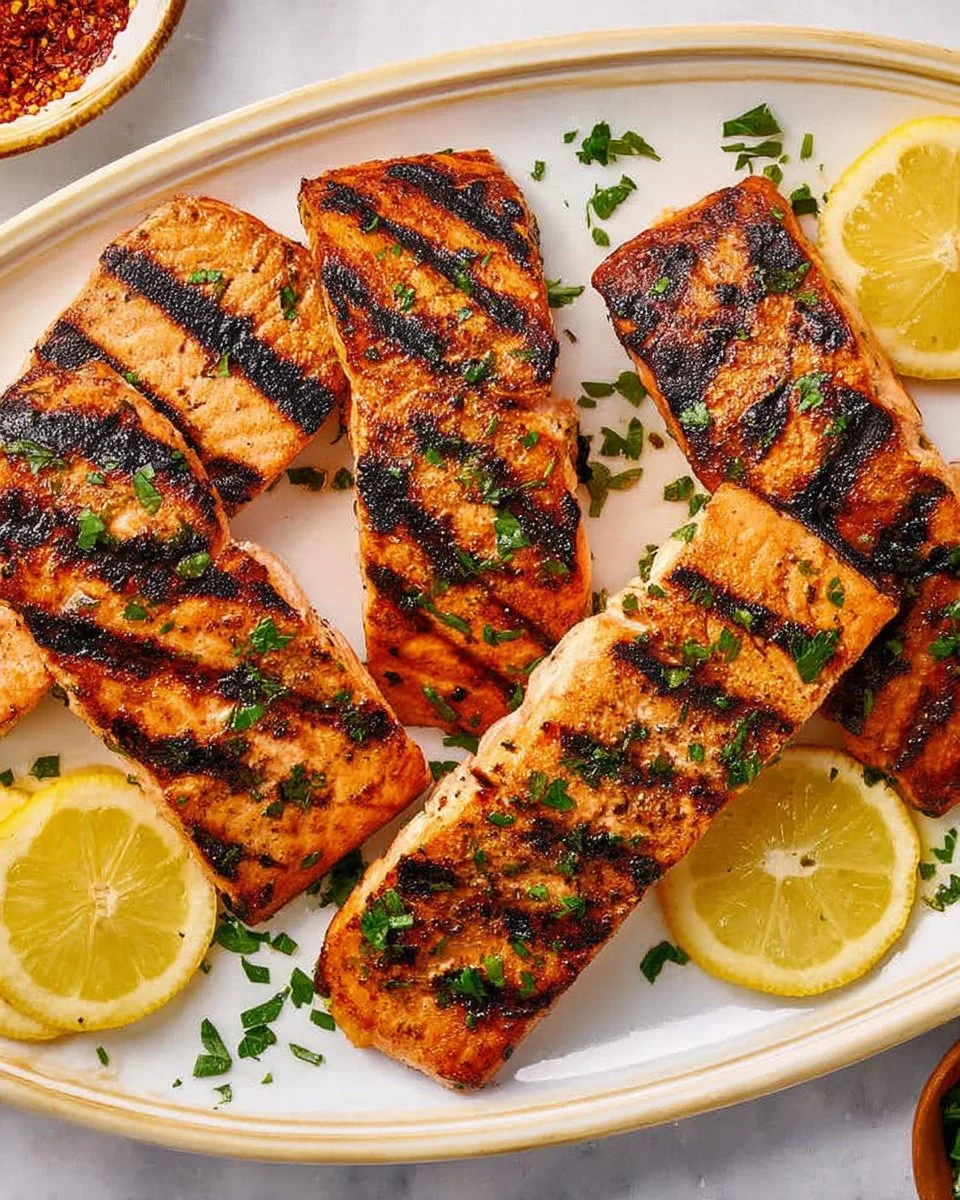 Perfectly grilled salmon fillet served with herbs and lemon