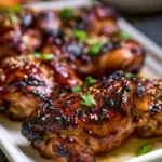 Grilled Sticky Chicken on a plate, garnished with herbs and spices.