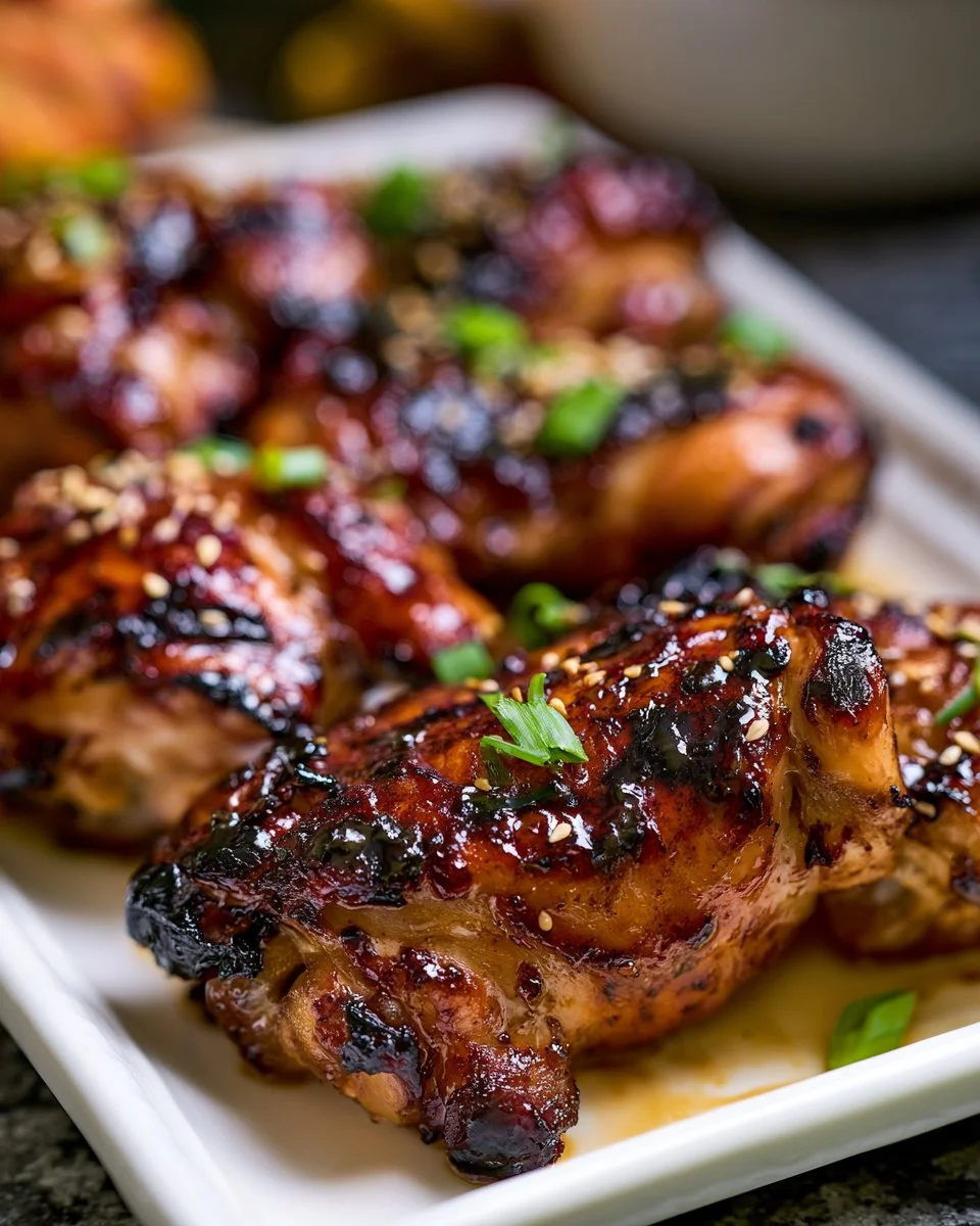 Grilled Sticky Chicken on a plate, garnished with herbs and spices.
