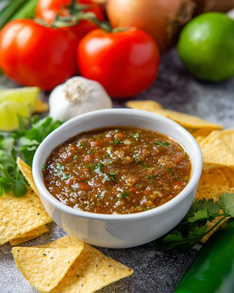 Grilled tomato salsa served in a bowl with fresh cilantro and lime