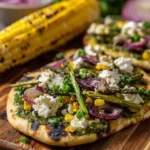 Grilled vegetable flatbreads topped with colorful, fresh vegetables