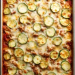 Ground Beef and Zucchini Casserole served in a baking dish