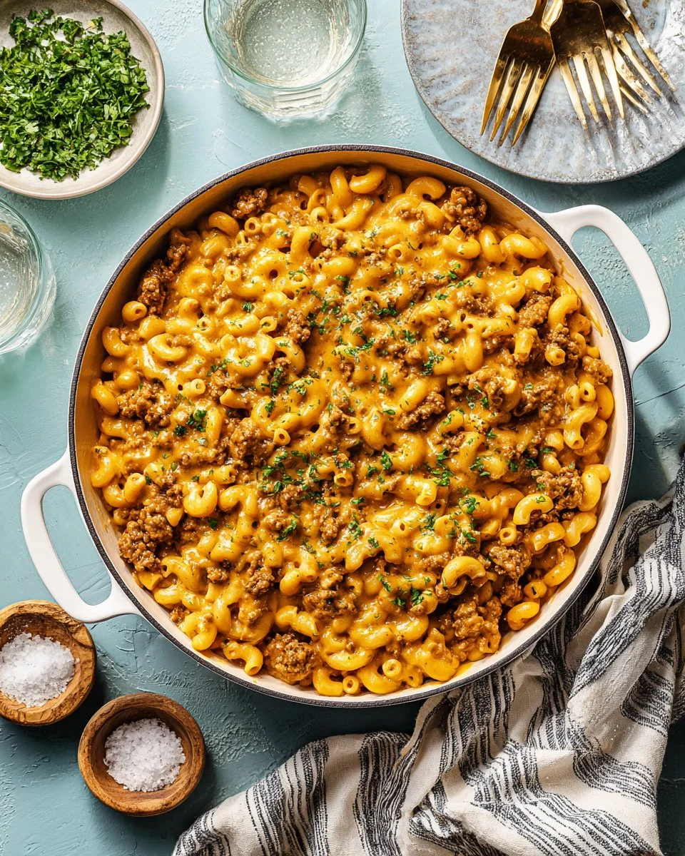 A bowl of Hamburger Macaroni topped with cheese and herbs.
