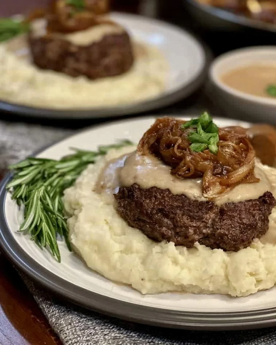 Delicious hamburger steaks served with rich onion gravy.