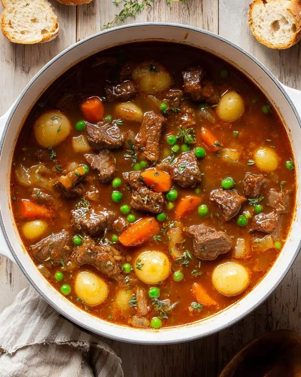 Bowl of healthy beef stew filled with vegetables and tender meat
