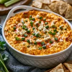 Bowl of healthy buffalo chicken dip served with celery sticks and tortilla chips.