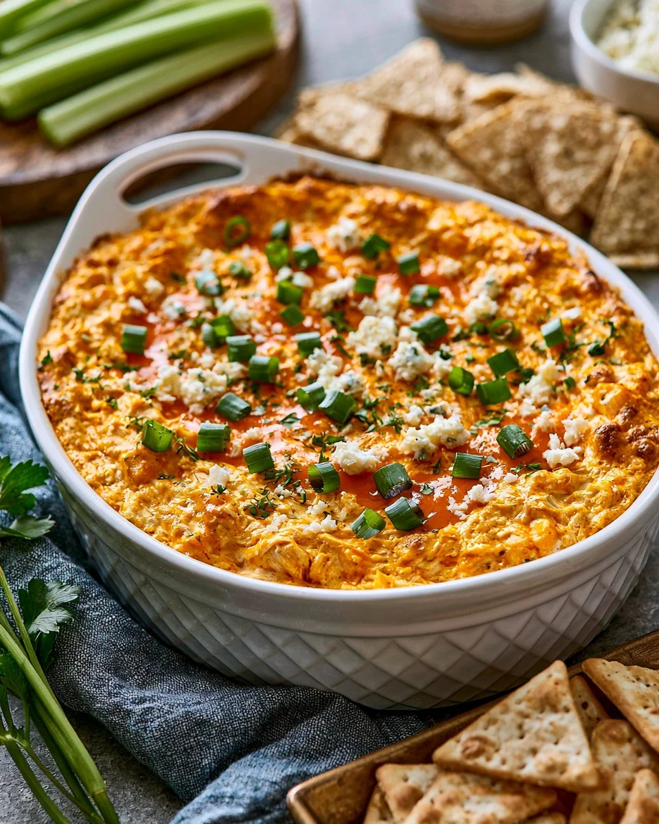 Bowl of healthy buffalo chicken dip served with celery sticks and tortilla chips.