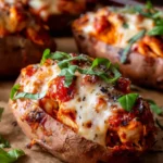Healthy Chicken Parm Stuffed Sweet Potatoes topped with cheese and herbs