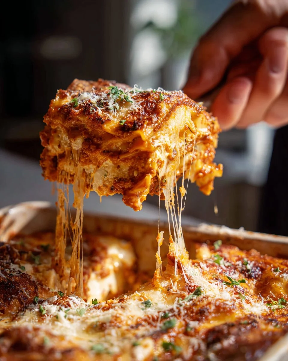 Healthy cottage cheese lasagna topped with fresh herbs and cheese