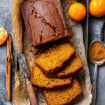 Slice of healthy homemade pumpkin bread with nuts and spices