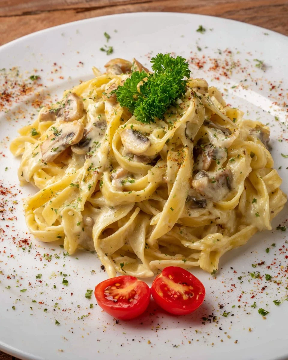 Bowl of homemade Alfredo sauce with pasta and herbs