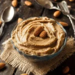 Homemade almond butter spread on toast with almonds around it