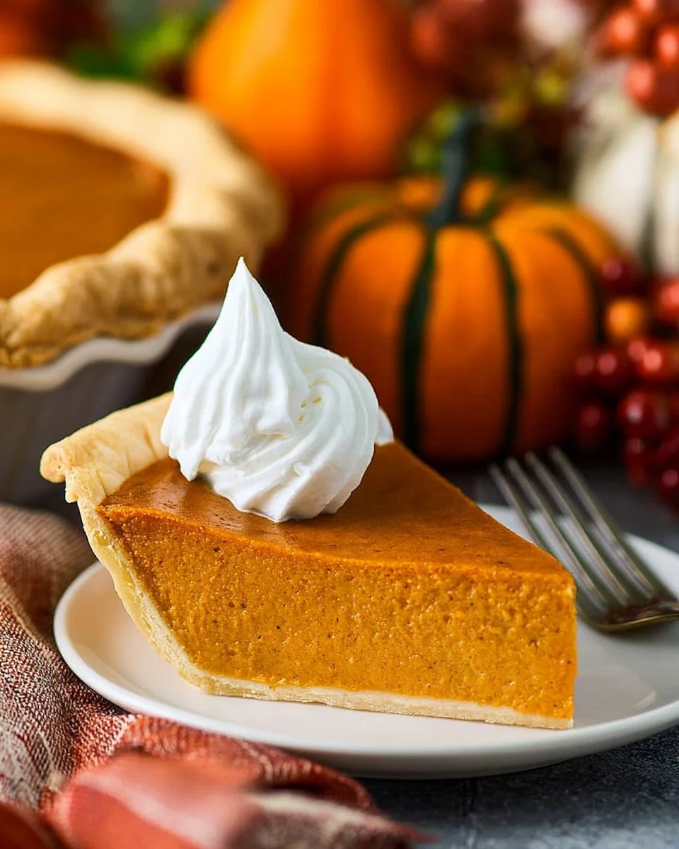 Delicious homemade pumpkin pie served with whipped cream
