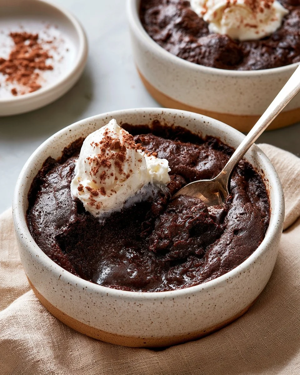 Delicious small batch brownie pudding recipe by Ina Garten, served in a bowl.