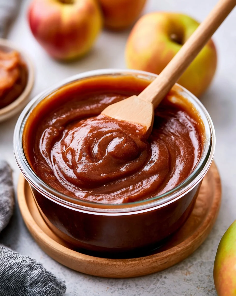 Homemade Instant Pot apple butter in a jar with apples and spices.