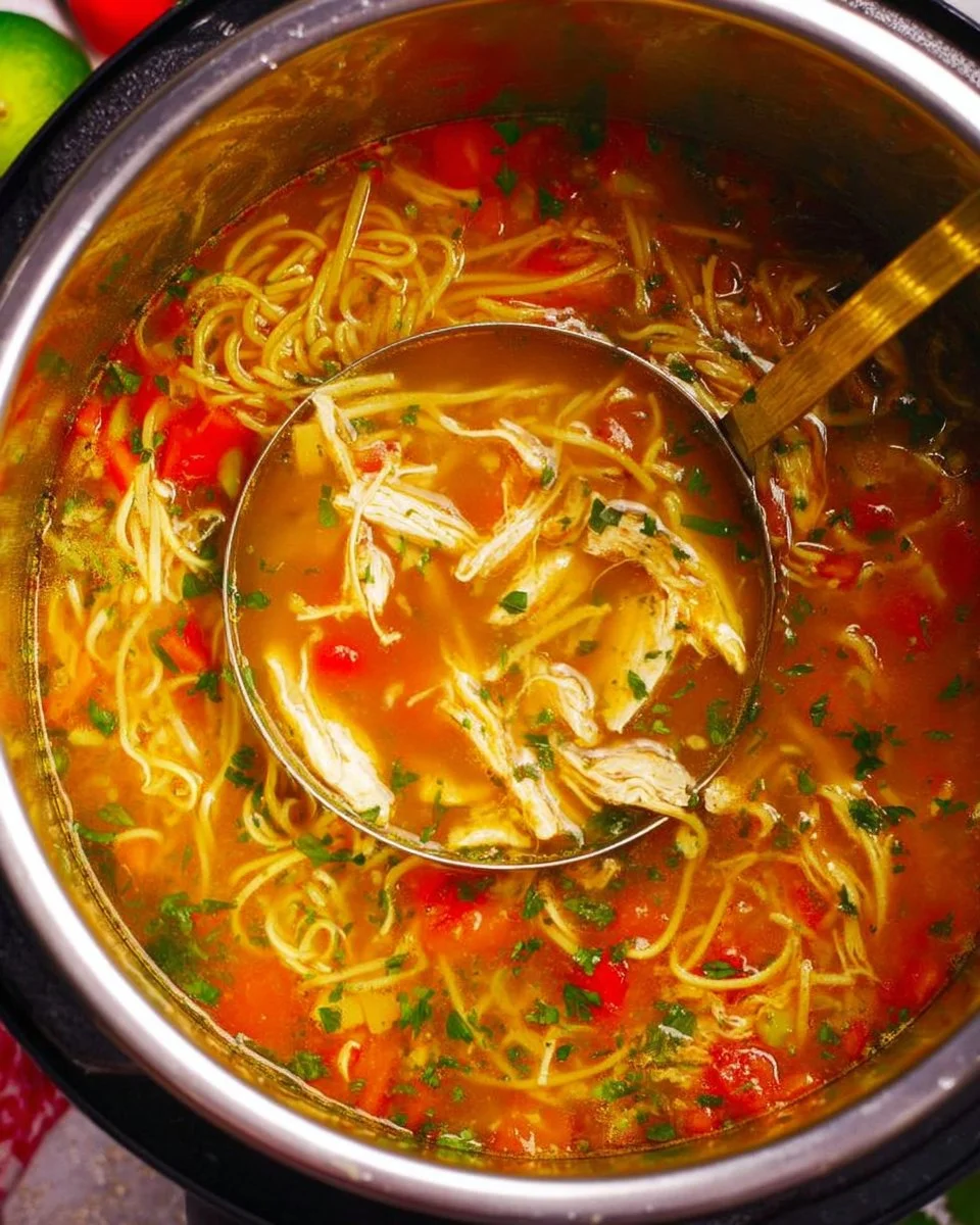 Bowl of Instant Pot Asian Chicken Noodle Soup with fresh herbs and noodles.