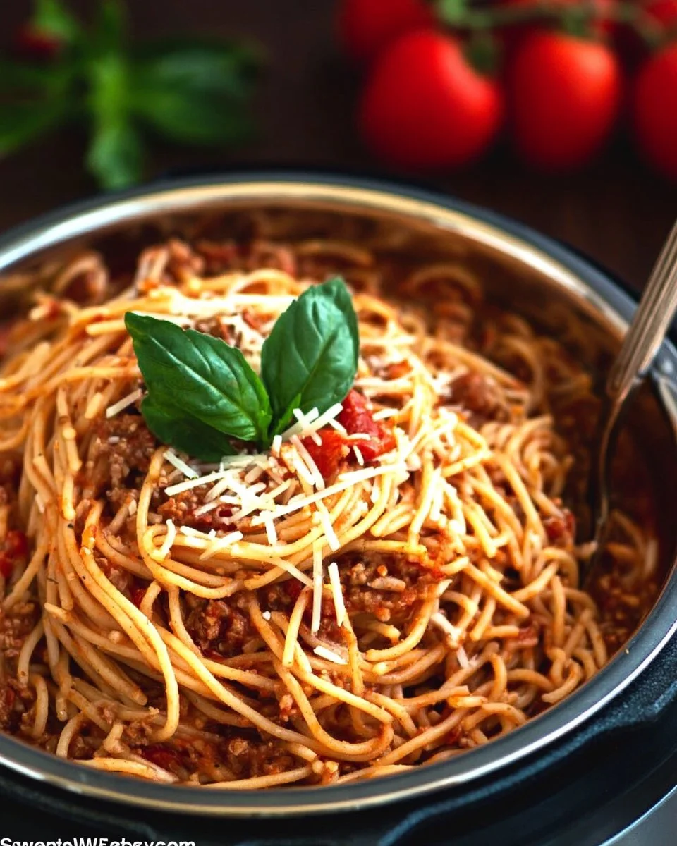 Delicious Instant Pot spaghetti prepared and served in a bowl.