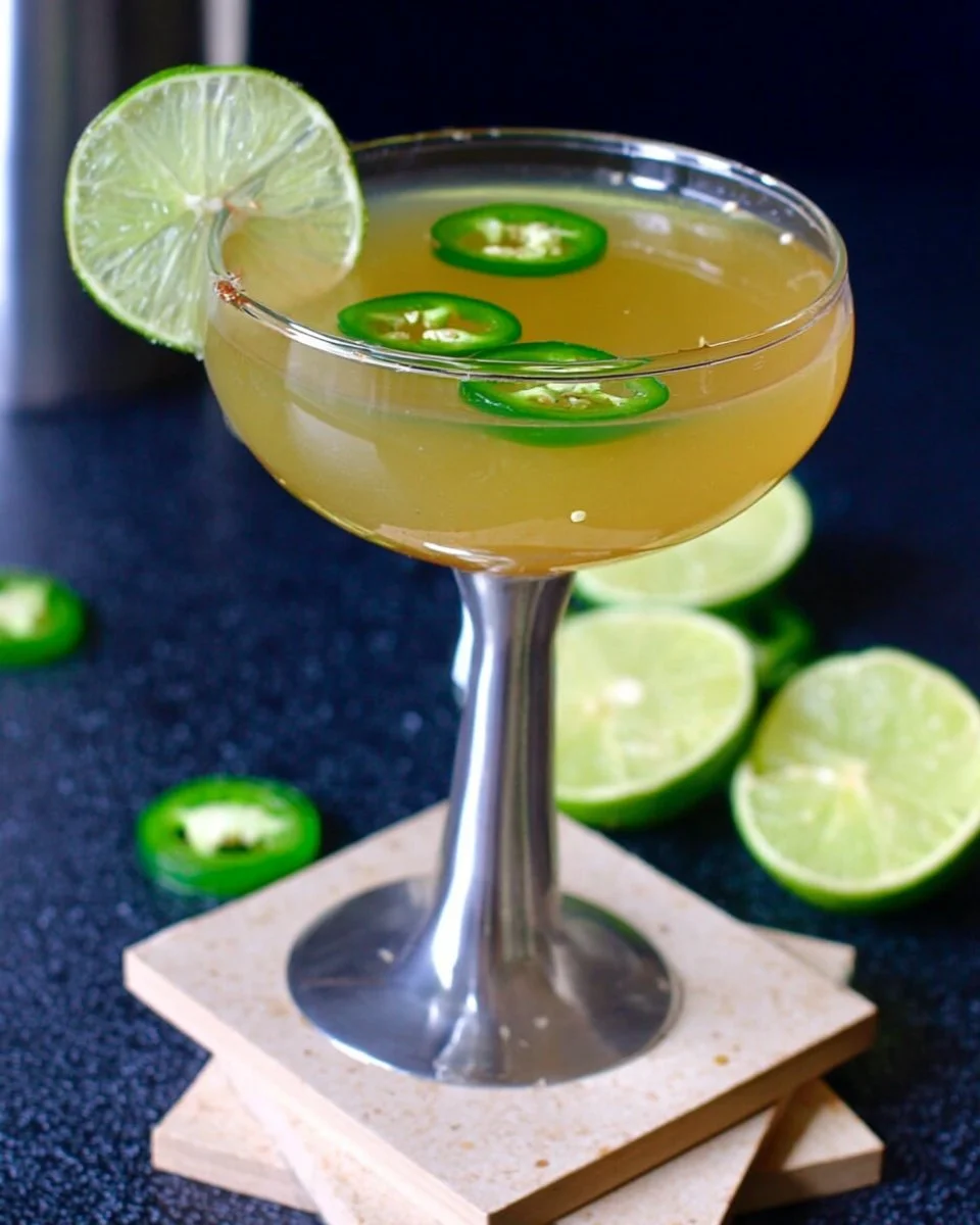 A refreshing Jalapeno Margatini cocktail topped with a lime slice.