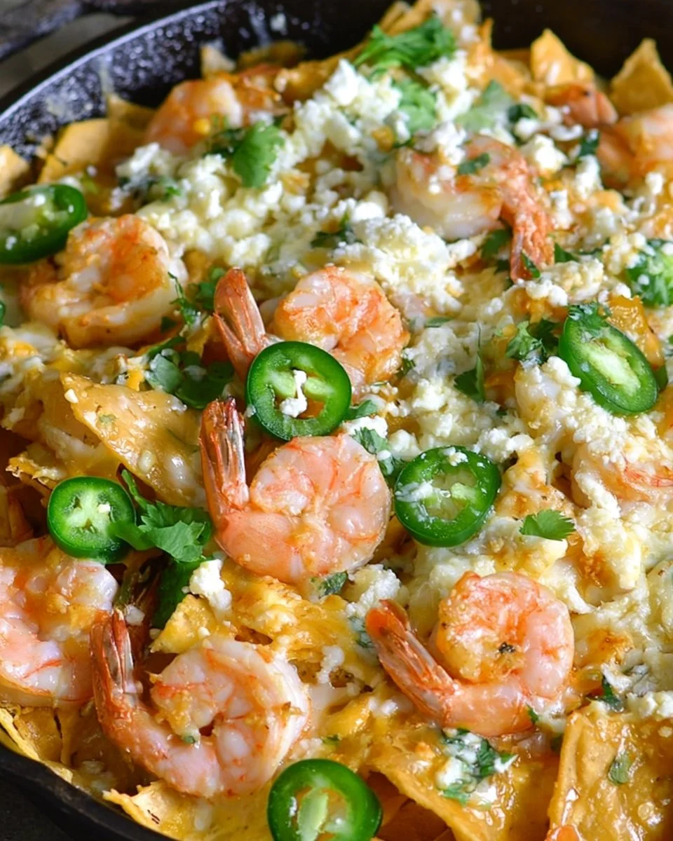 Delicious Jalapeno Shrimp Nachos topped with fresh ingredients