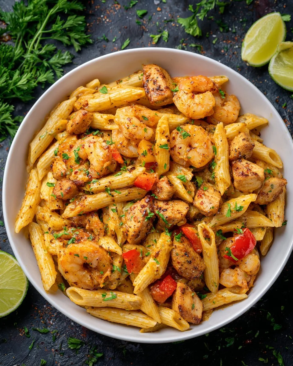 Delicious Jambalaya Pasta served with shrimp, sausage, and vibrant spices.