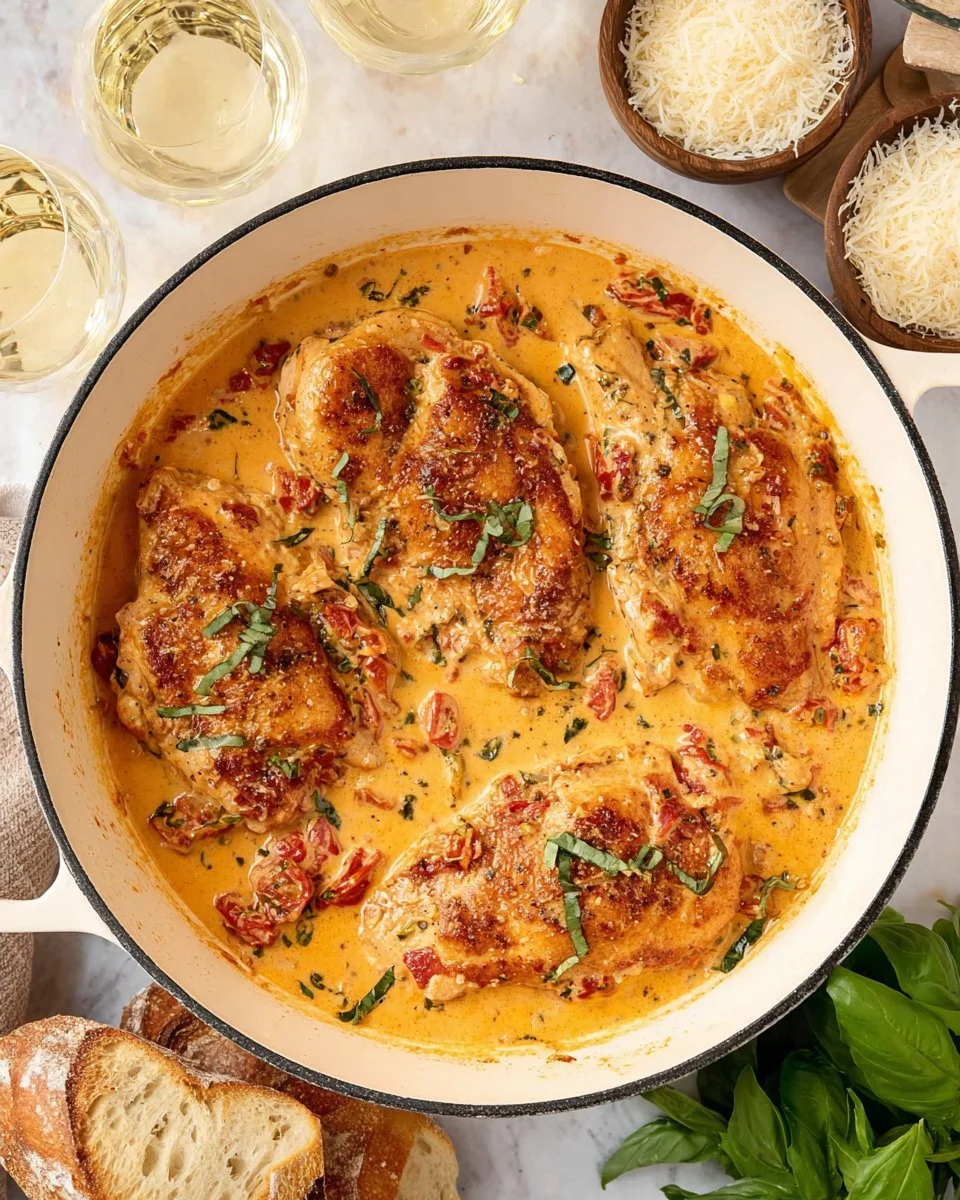 Plate of Marry Me Chicken in sun-dried tomato cream sauce