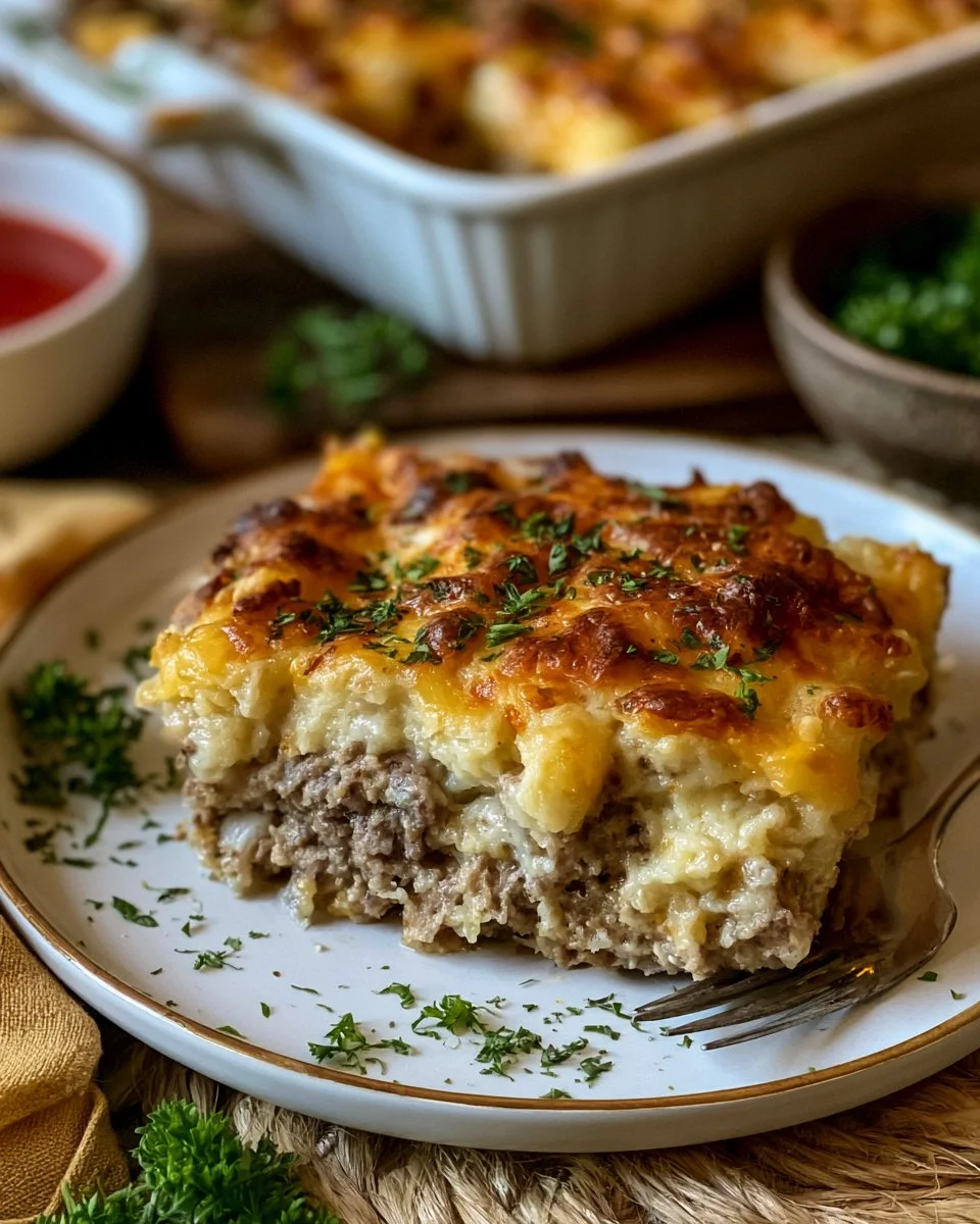 A hearty dish of Meatloaf Casserole topped with cheese and herbs, served in a baking dish.