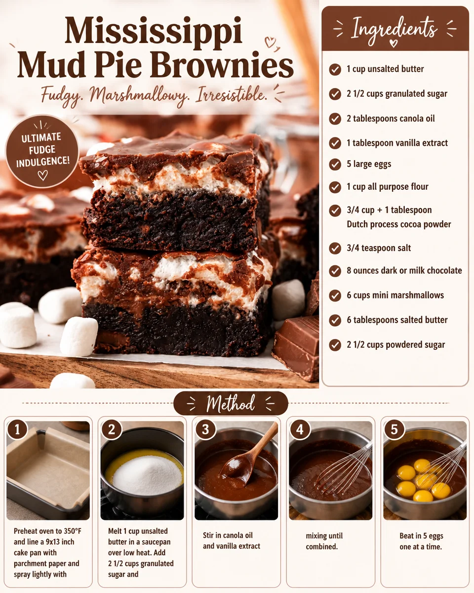 Delicious Mississippi Mud Pie Brownies topped with chocolate and nuts.
