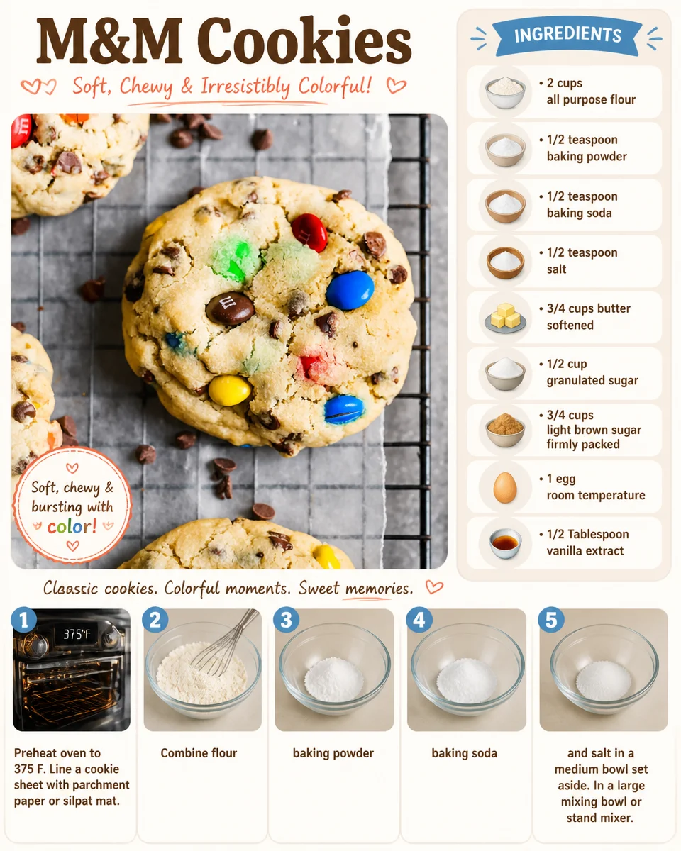 Freshly baked M&M cookies with colorful chocolate candies