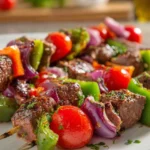 Mojo steak kabobs marinated and grilled, served on skewers with colorful vegetables.