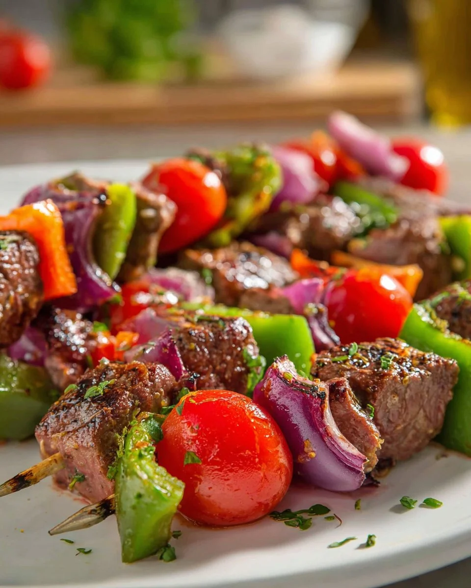 Mojo steak kabobs marinated and grilled, served on skewers with colorful vegetables.