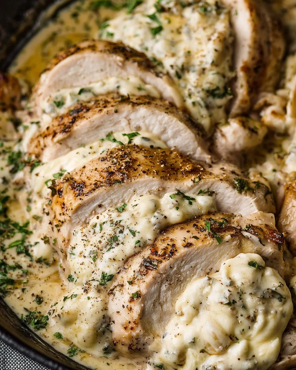 Juicy mozzarella stuffed chicken breast served with fresh herbs and vegetables.